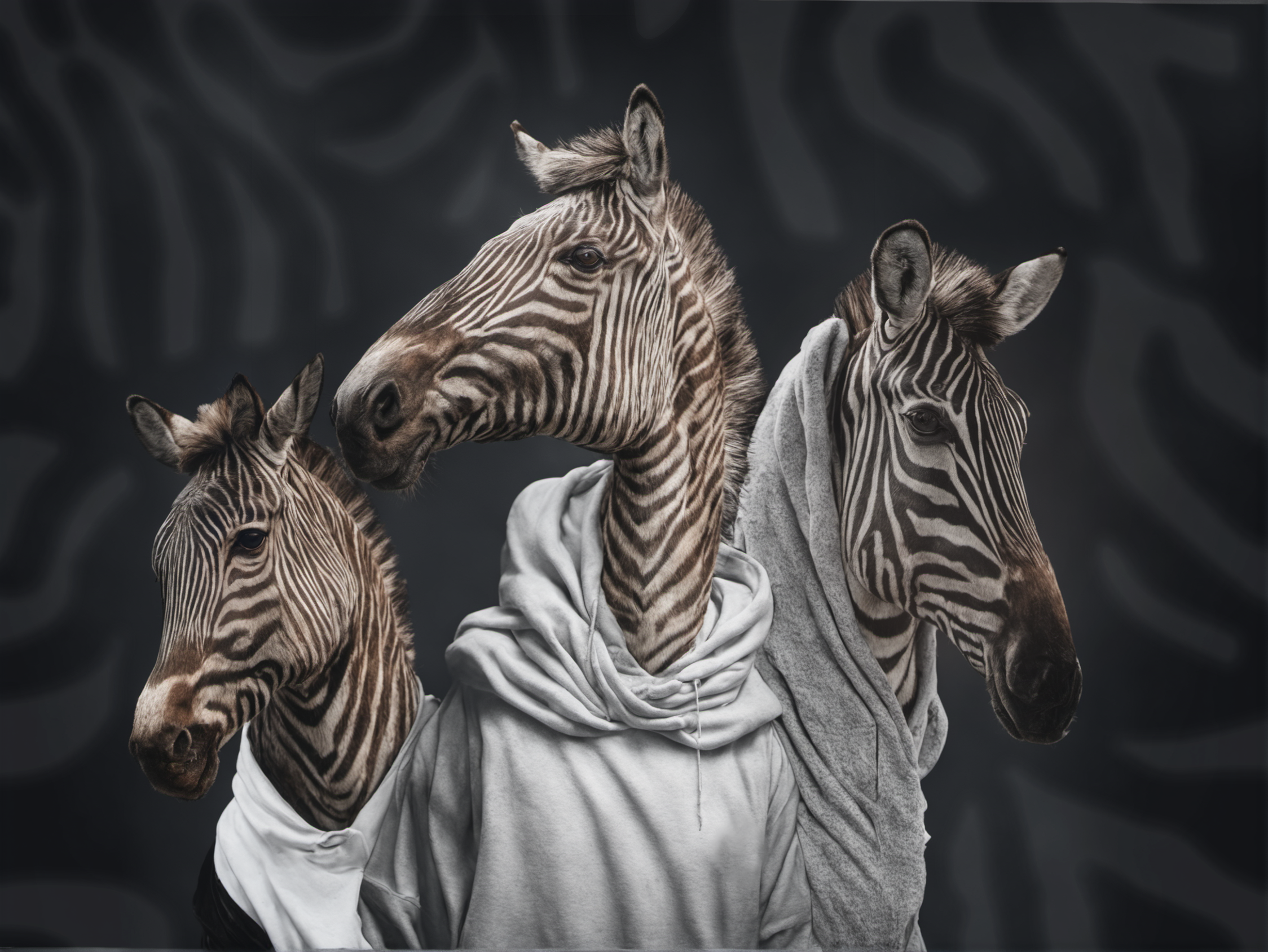 three zebras wearing hoodies